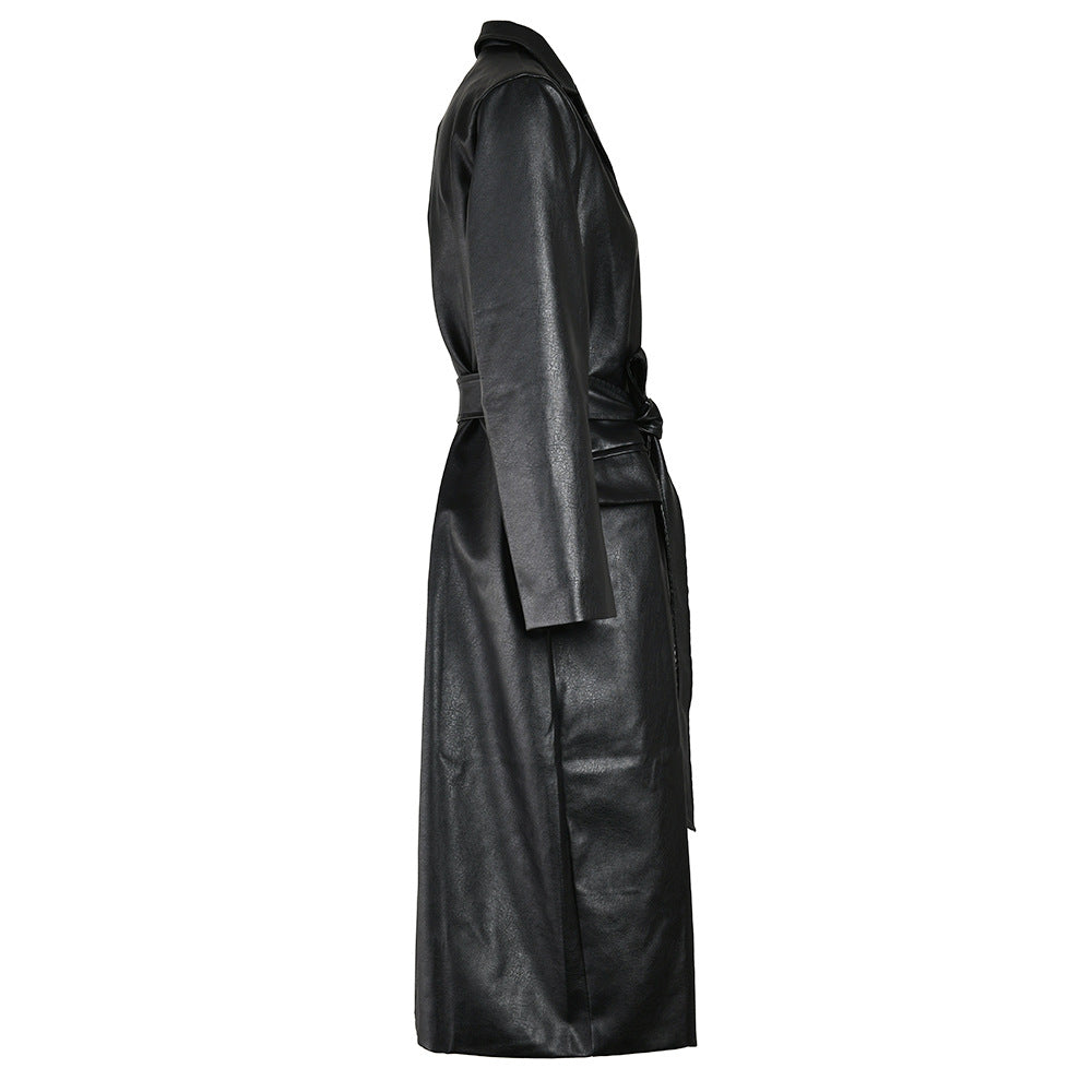 Black Belted Trench Leather Coat