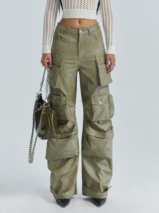 Marley Multi Pocket High Waist Wide Leg Leather Cargo Pants