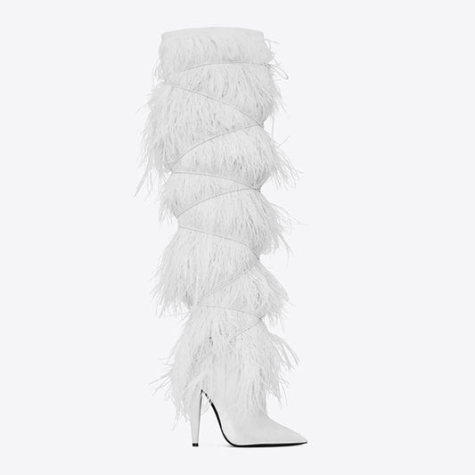 High Heel Feather And Lace Boots