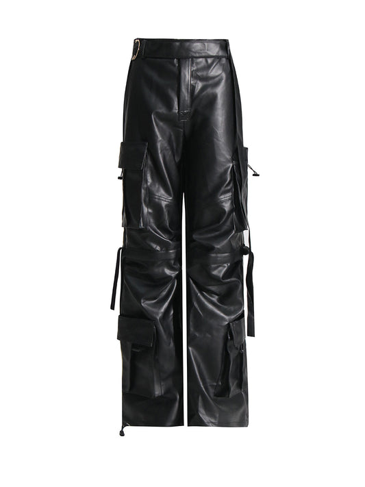 Vanozza Vegan Leather Cargo Pocket High Waist Straight Pants