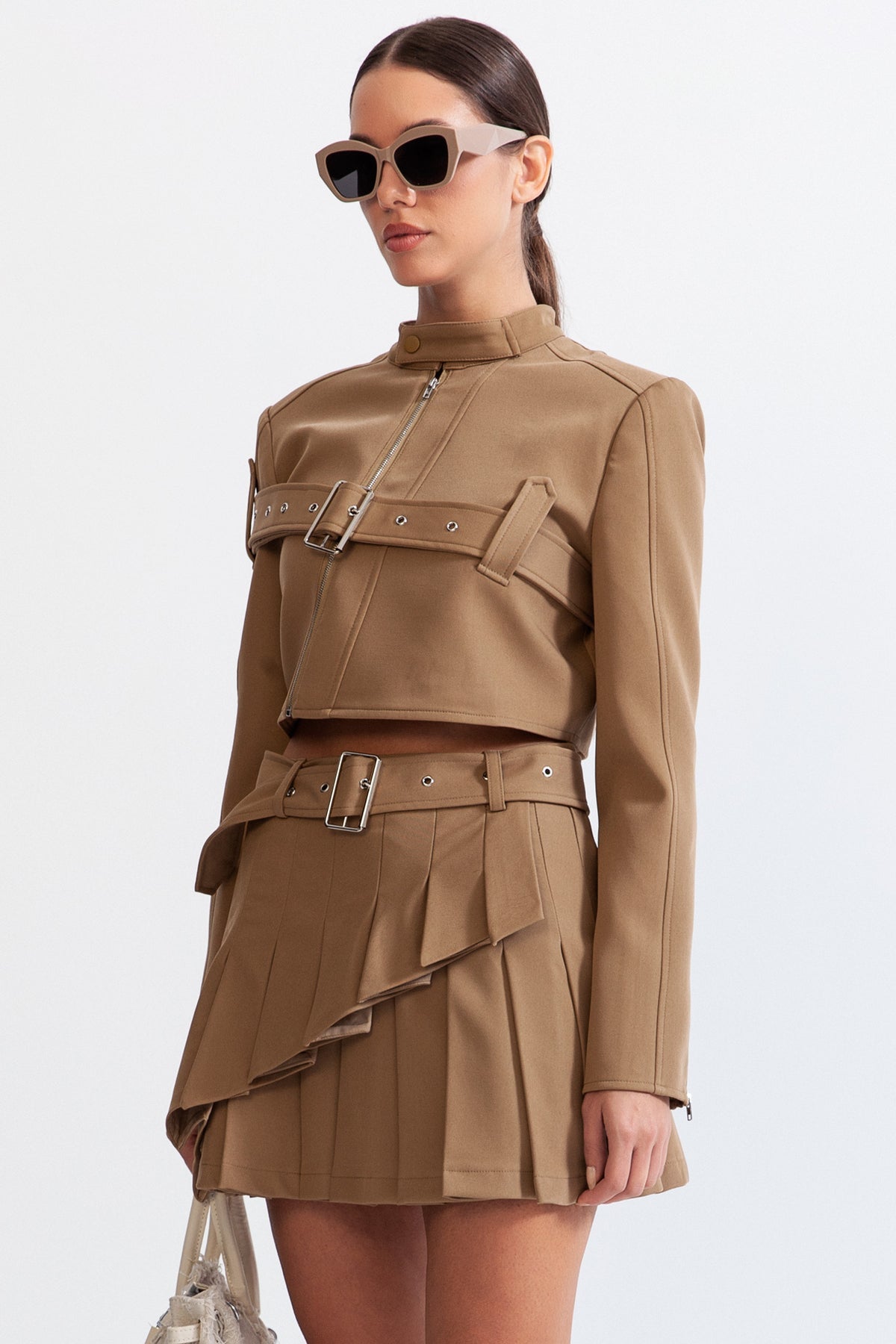 Olivia Oblique Zipper Belted Skirt Set