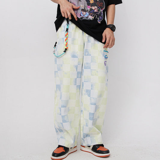 Checked Tie Dye Loose Straight Pants