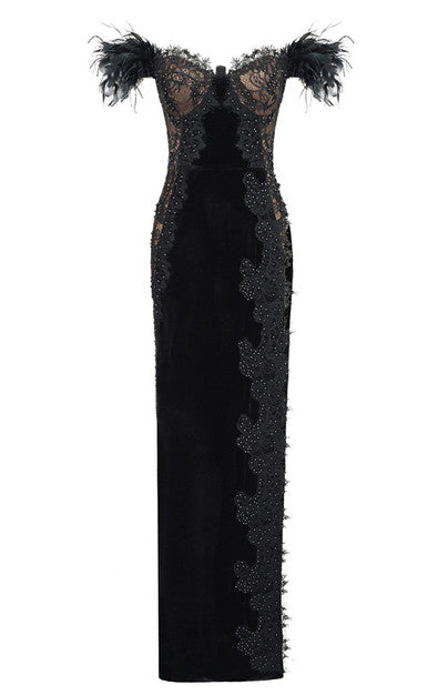 Flavia Feather Velvet Off-Shoulder Maxi Dress