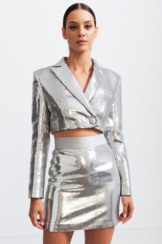 Seychelle Sparkly Sequin Crop Blazer And Skirt Set