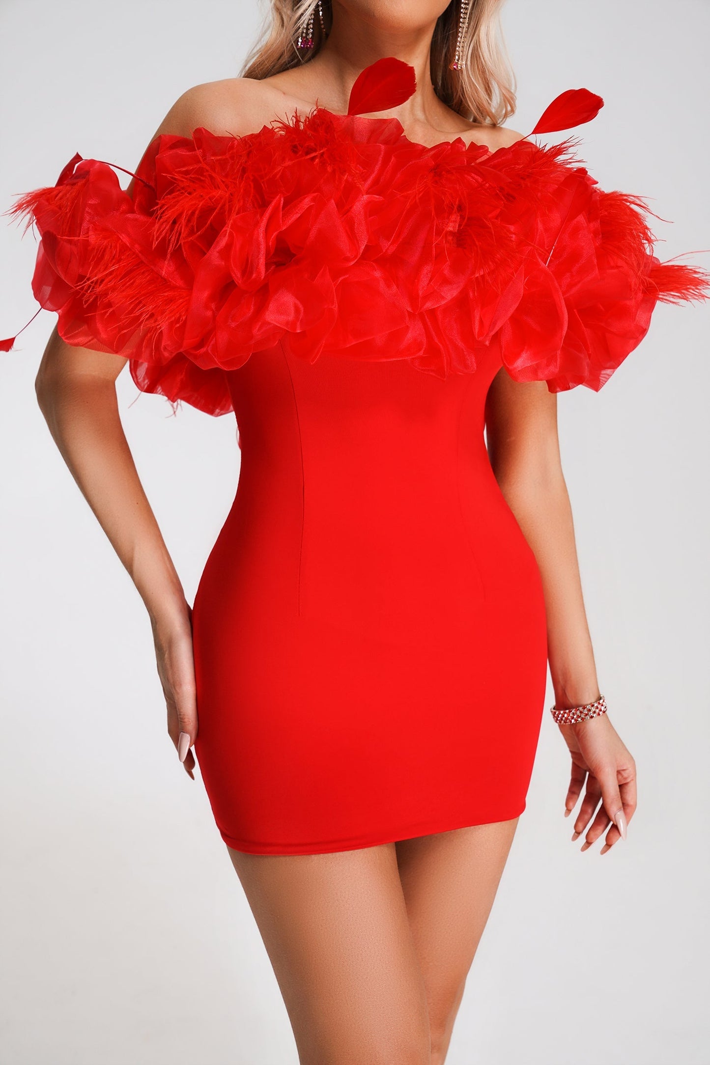 Fayola Feather Off-Shoulder Mini Dress