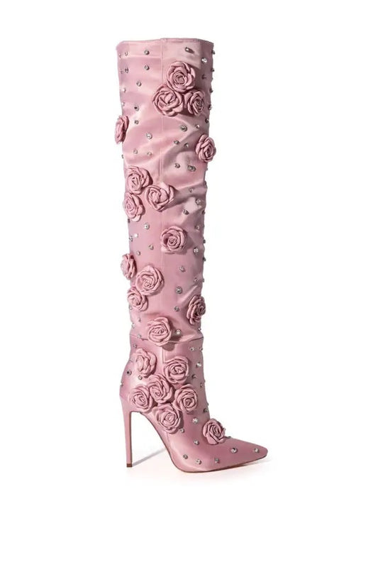 Silk Rhinestone Roses Over-Knee Boots