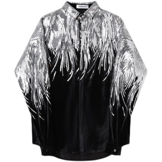 Feather-Embroidered Sequined Velvet Men's Shirt