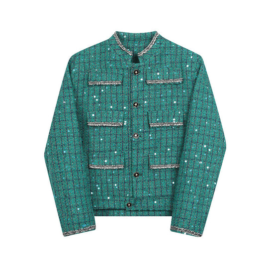 Men’s Tweed Vintage Multi-pocket Decorative Sequin Jacket