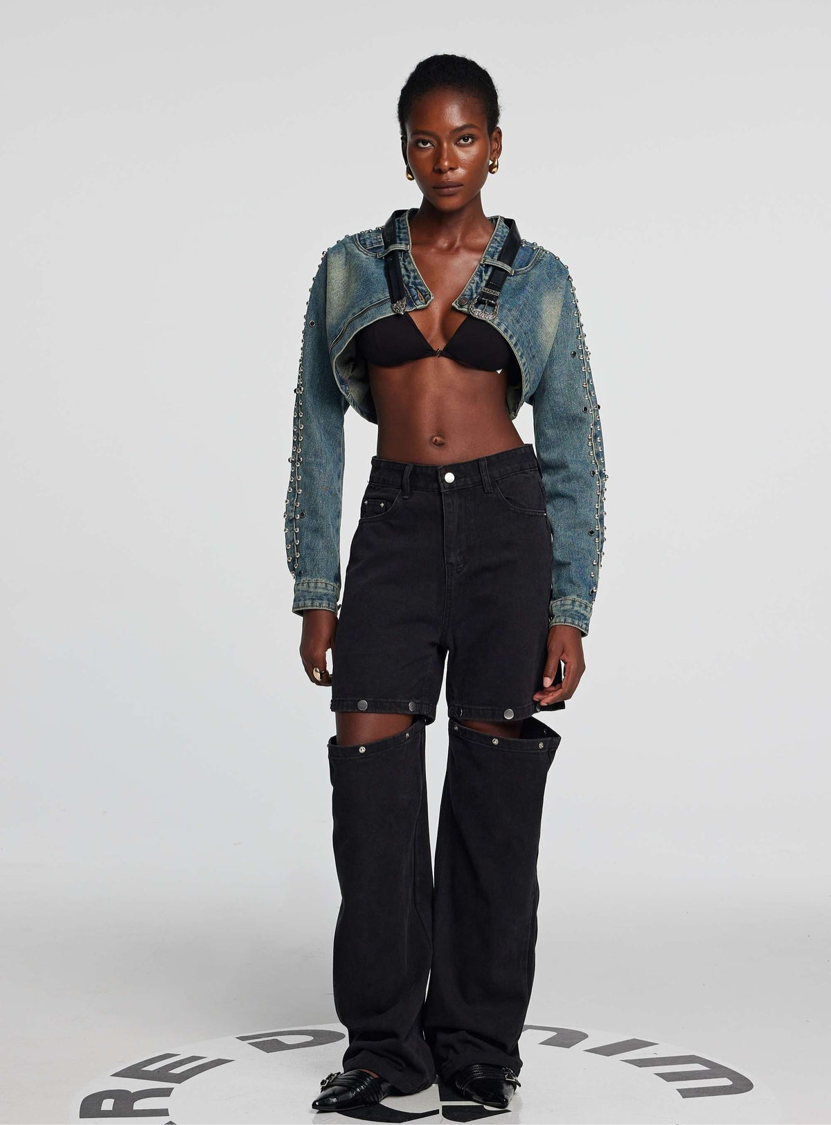 Rivet Studded Belted Crop Denim Jacket