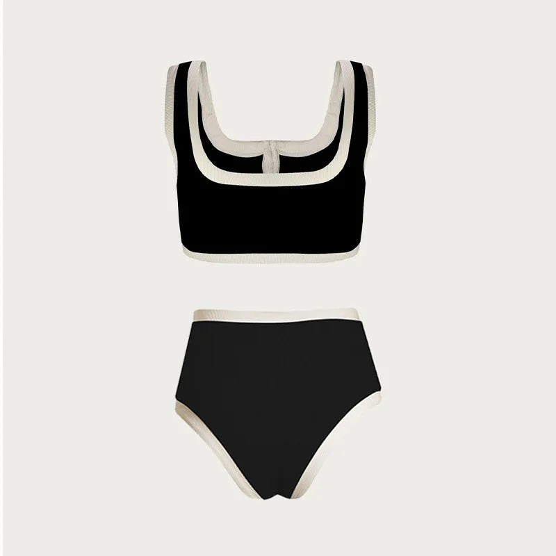 Black And White Button High Waist Bikini Set