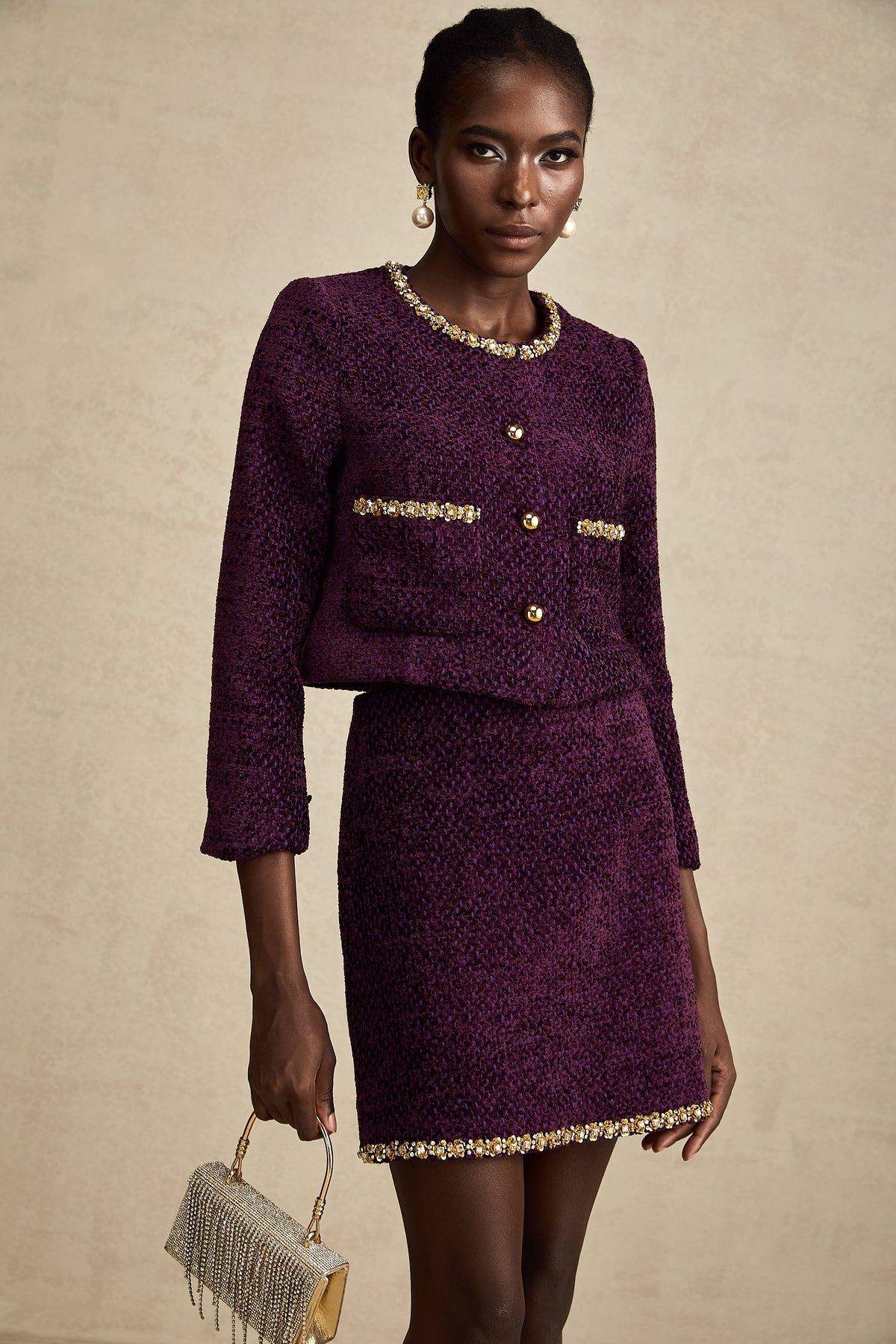 Luxury Tweed Buttons Jacket And Skirt Set