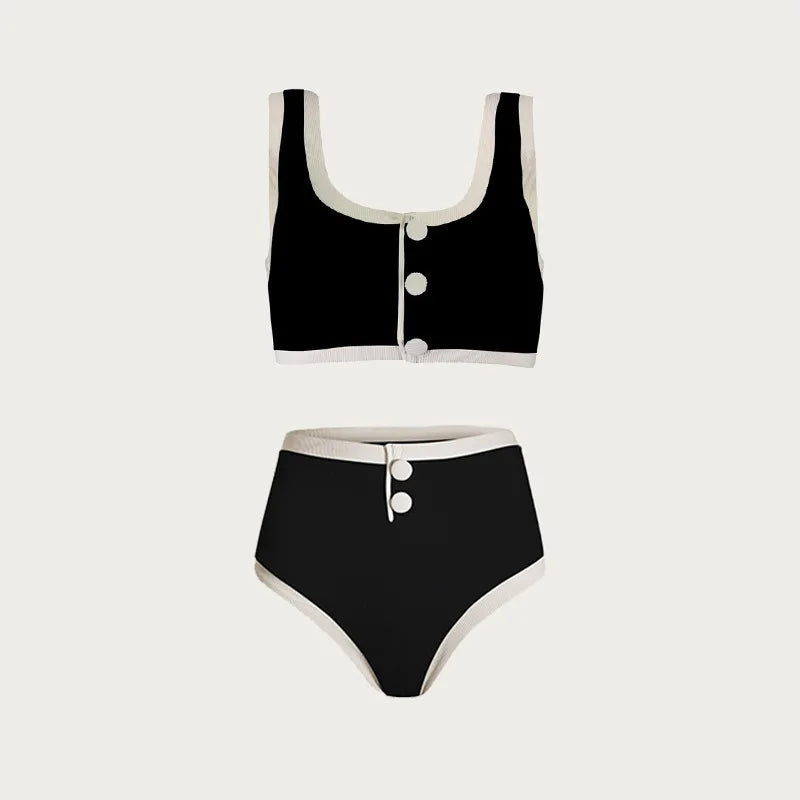 Black And White Button High Waist Bikini Set