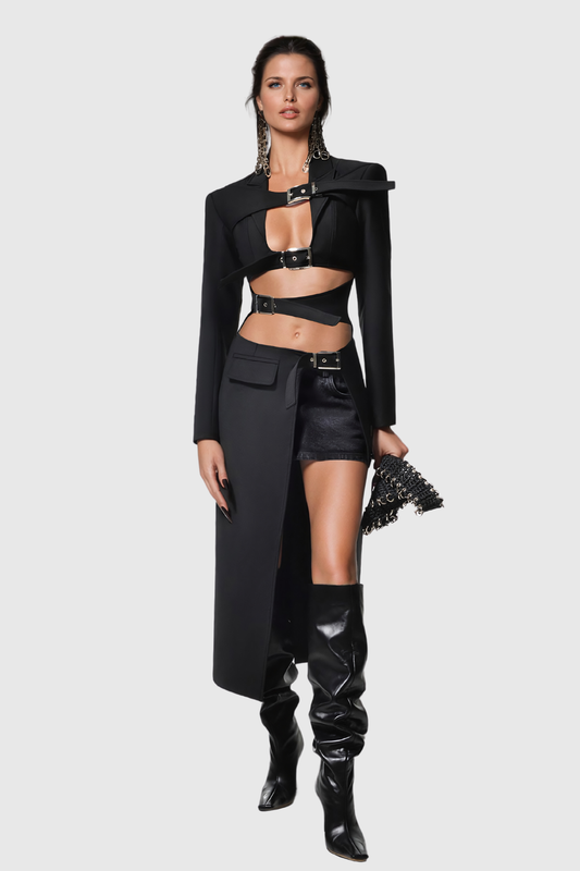 Hollow Out Irregular Buckle Belt Coat