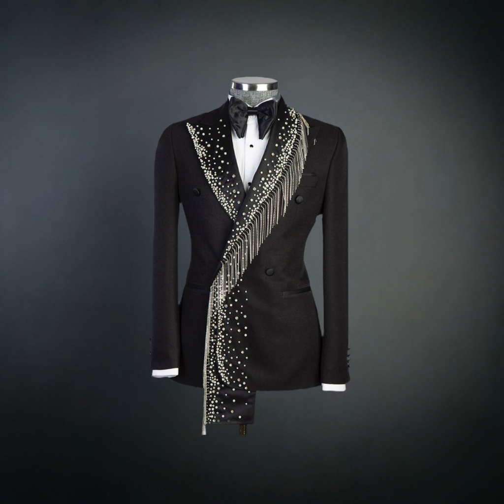 Crystal Tassel Shawl And Pearls Tuxedo Blazer