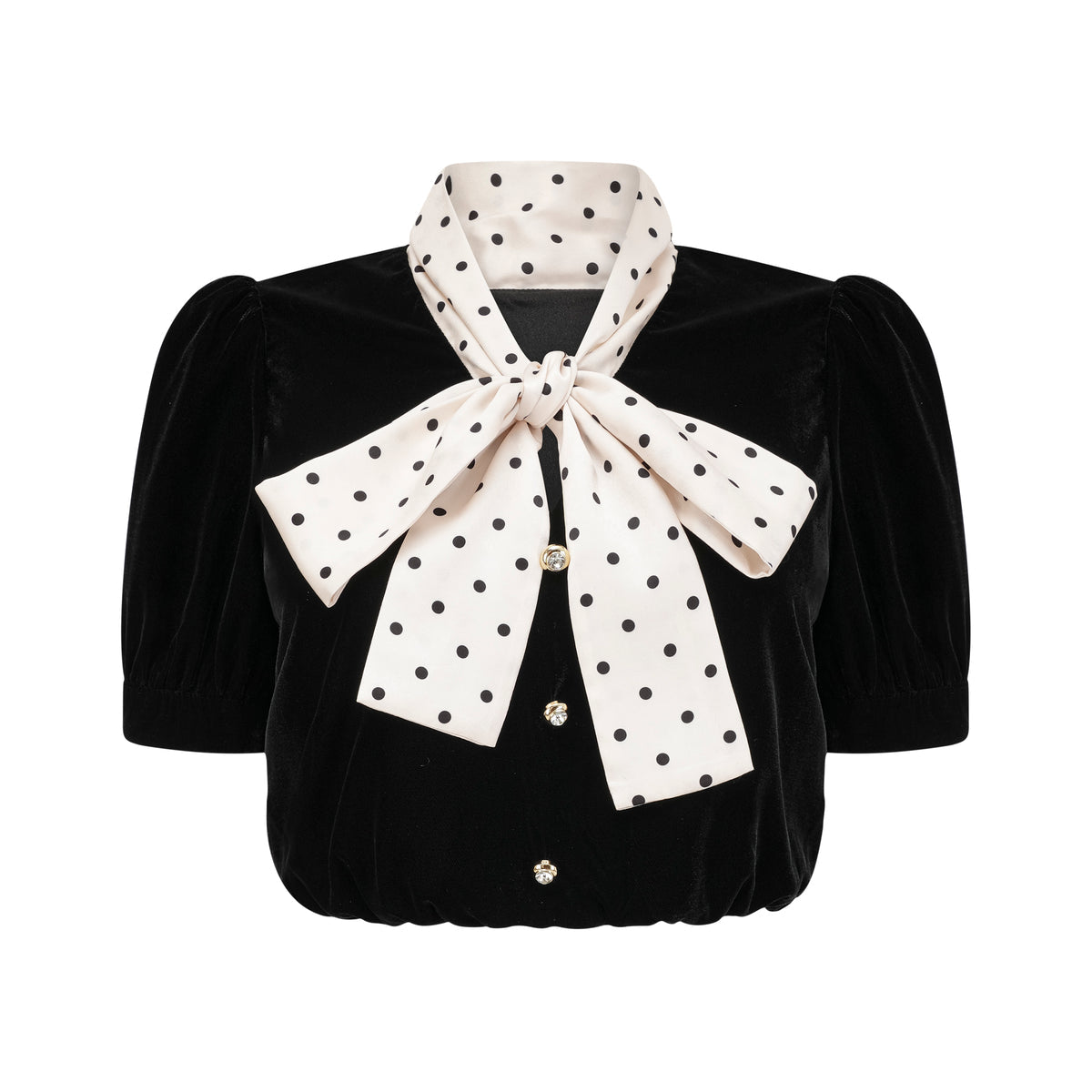 Polka Dot Bow Puff-Sleeve Velvet Top