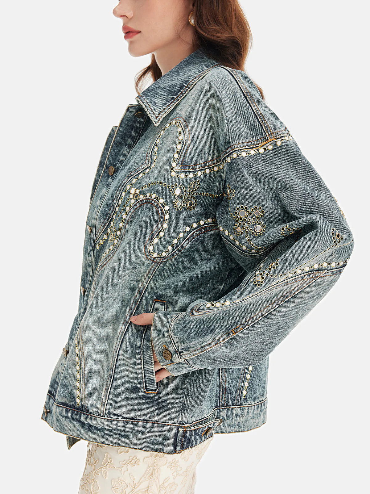 Retro Embellishmed Studded Denim Jacket