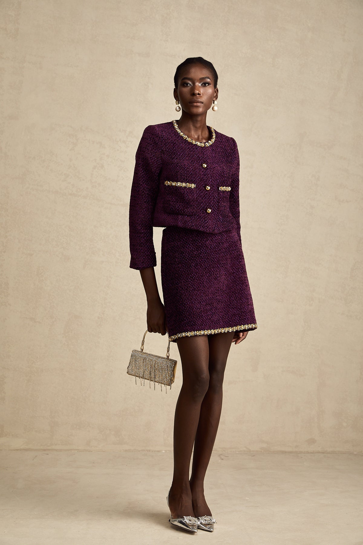 Luxury Tweed Buttons Jacket And Skirt Set