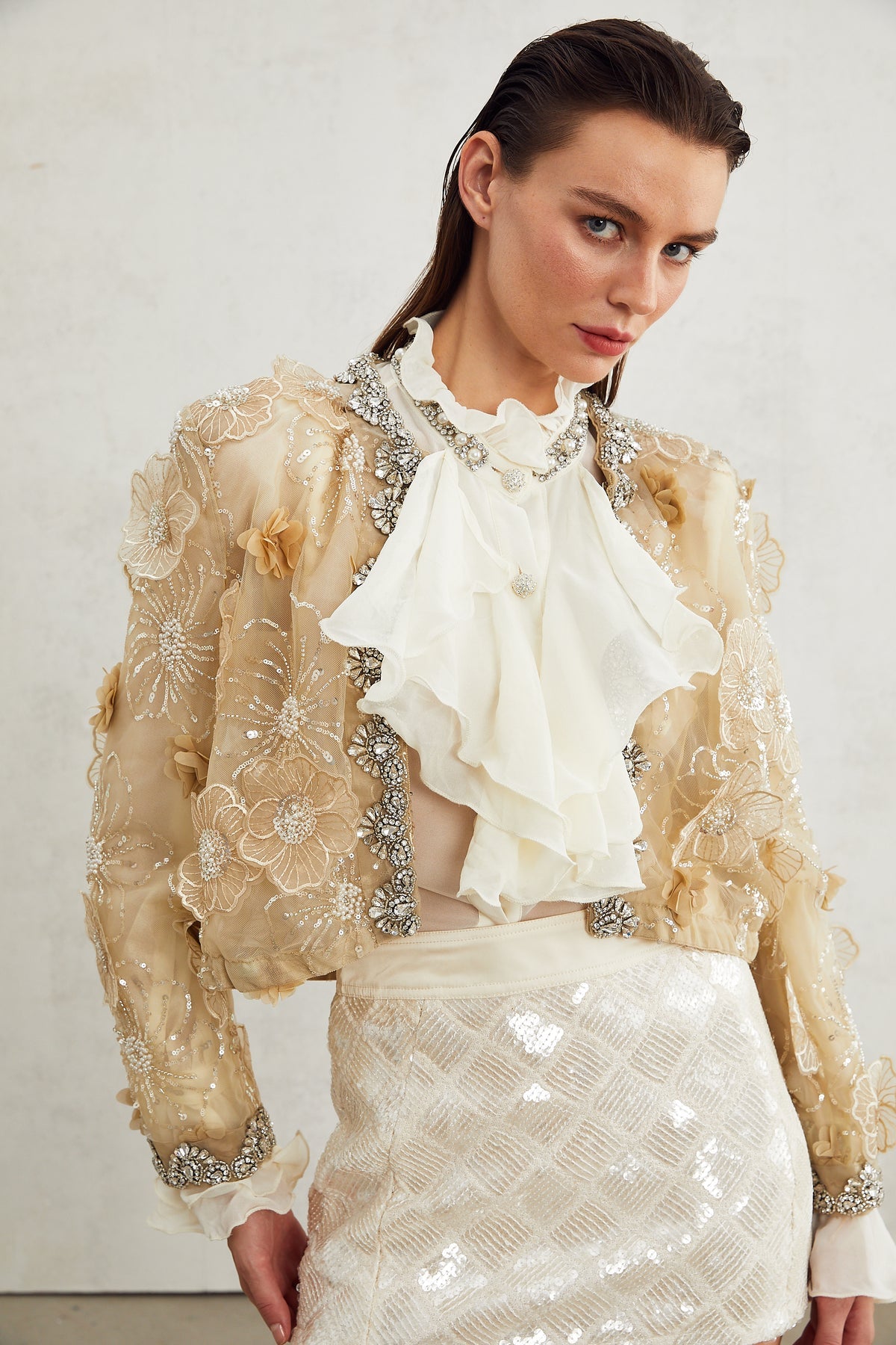 Luxury Embroidered Flowers Pearls Sequin Cardigan Jacket