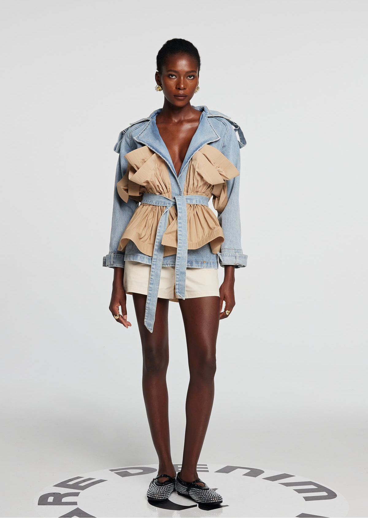 Ruffle Colorblock Denim Jacket