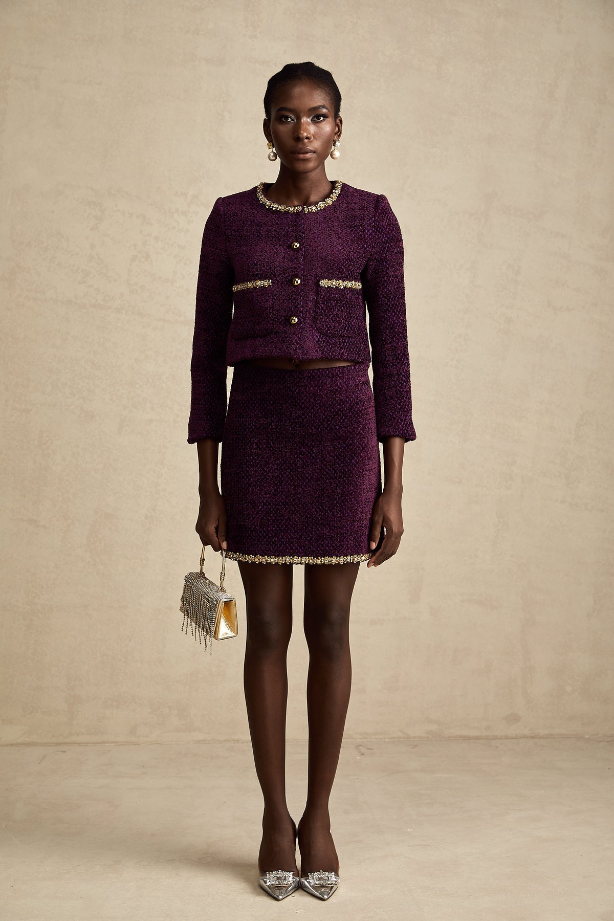 Luxury Tweed Buttons Jacket And Skirt Set