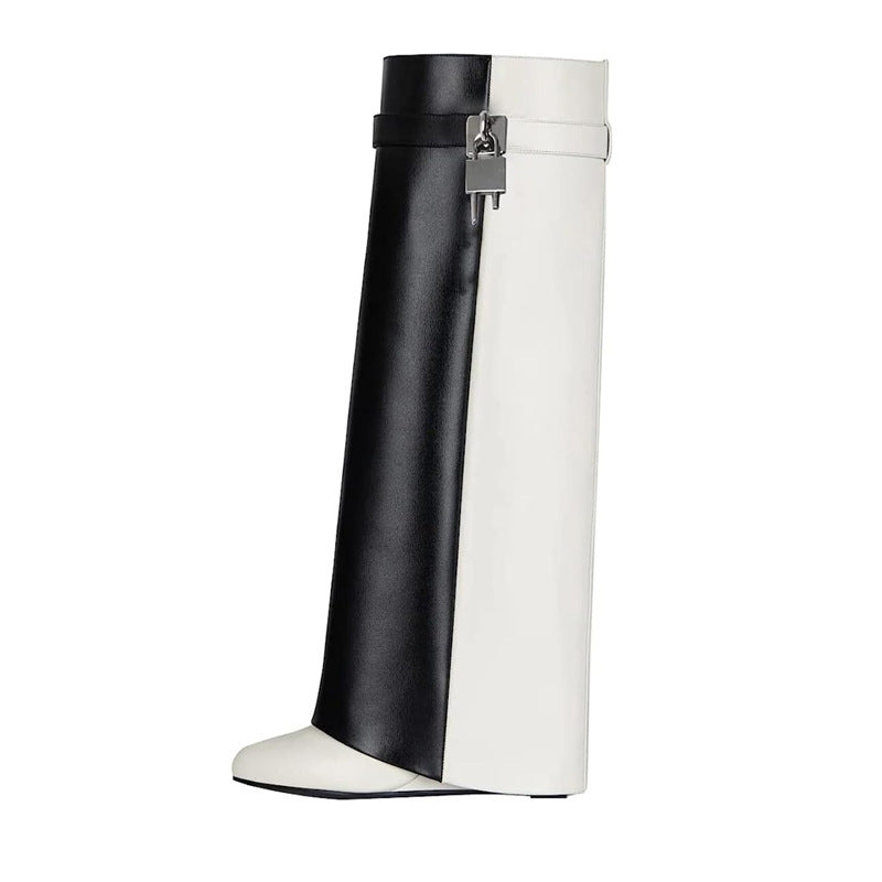 Metal Lock Black And White Below Knee Boots