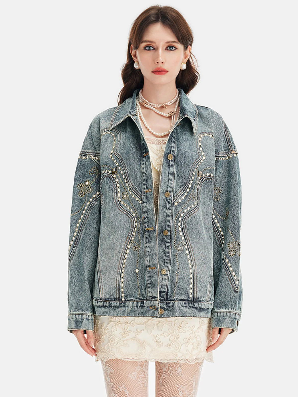 Retro Embellishmed Studded Denim Jacket