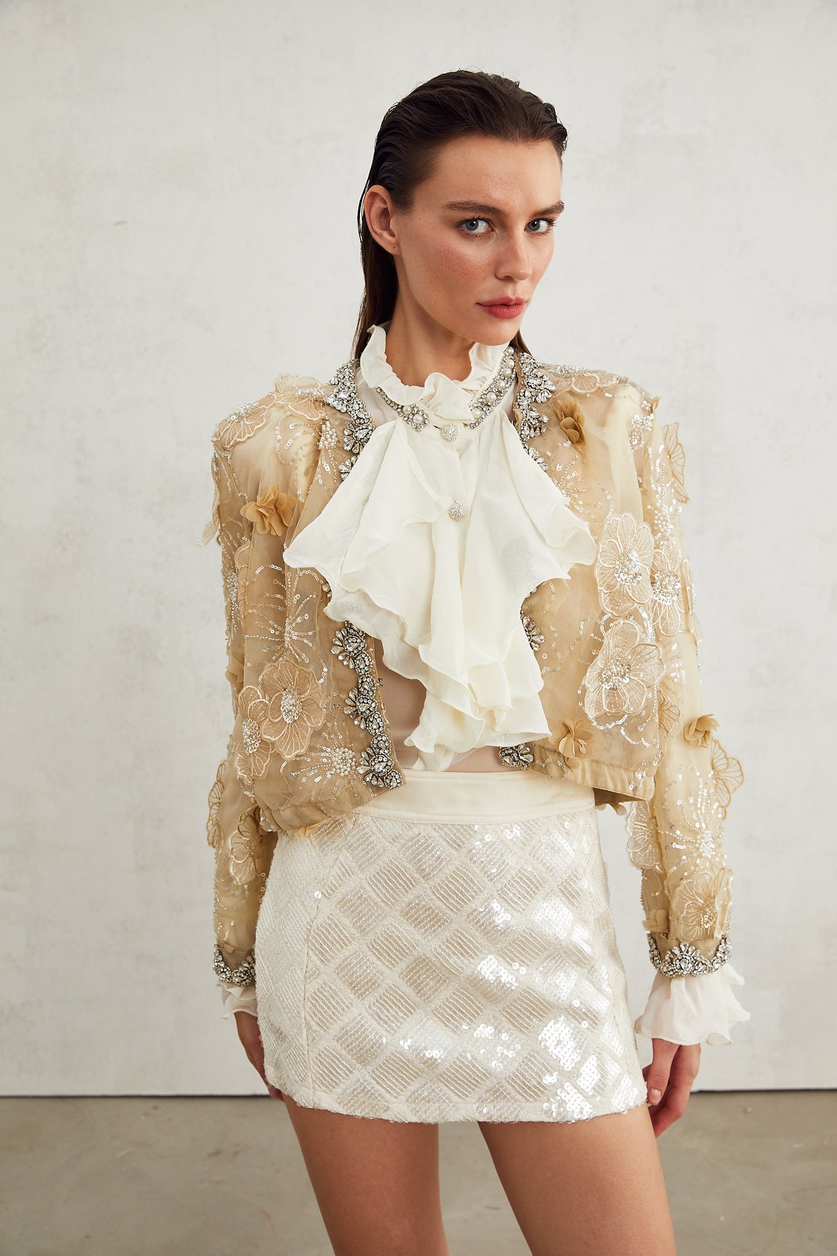 Luxury Embroidered Flowers Pearls Sequin Cardigan Jacket