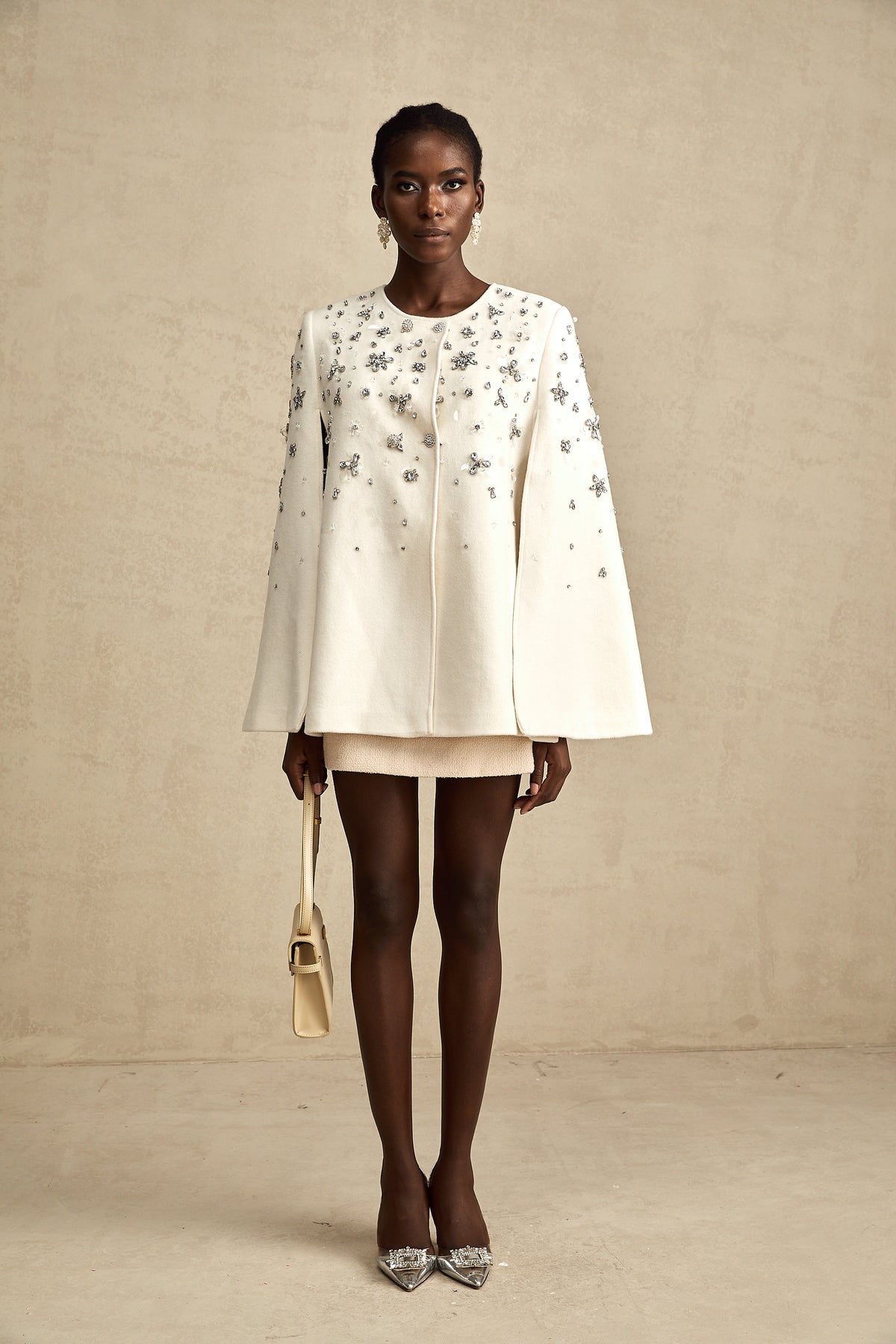 Wool Crystal-Embellished Cape Coat