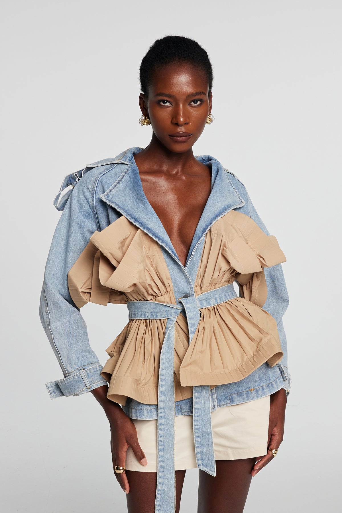 Ruffle Colorblock Denim Jacket