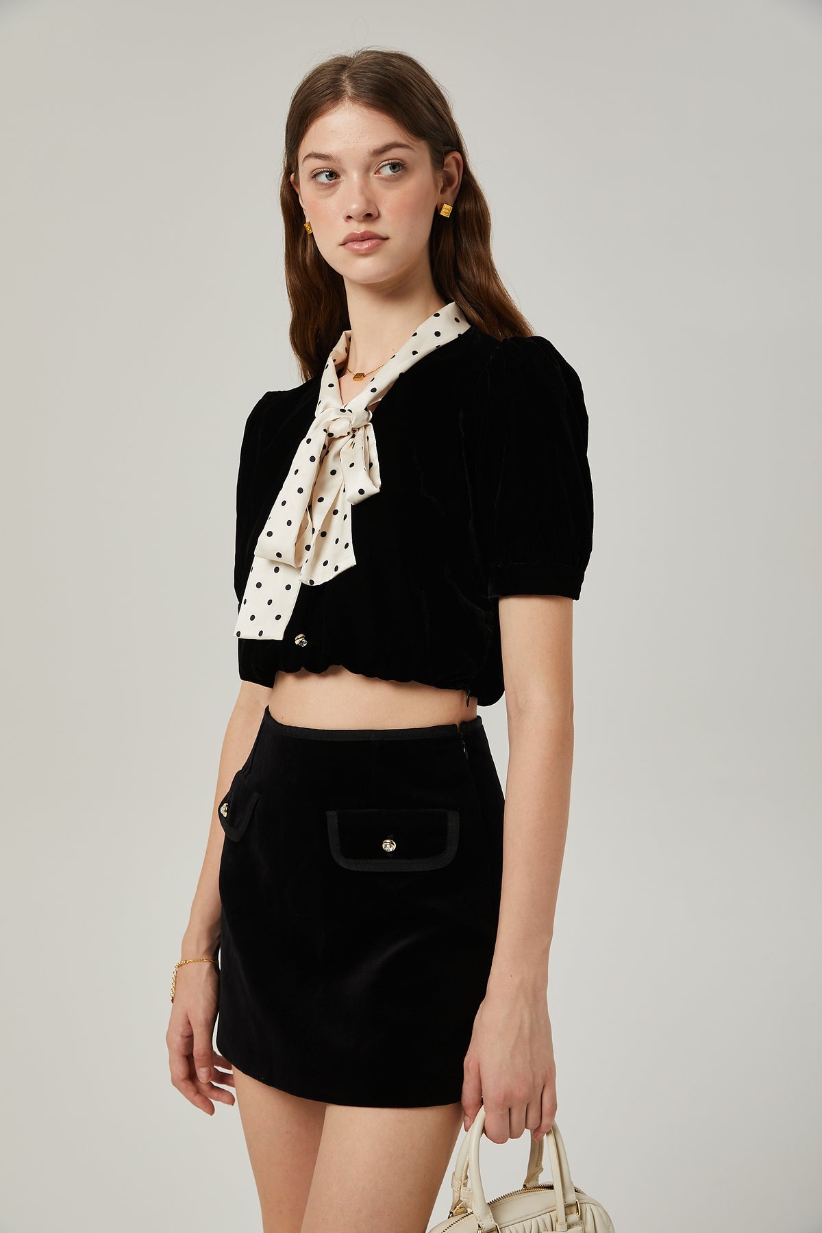 Polka Dot Bow Puff-Sleeve Velvet Top