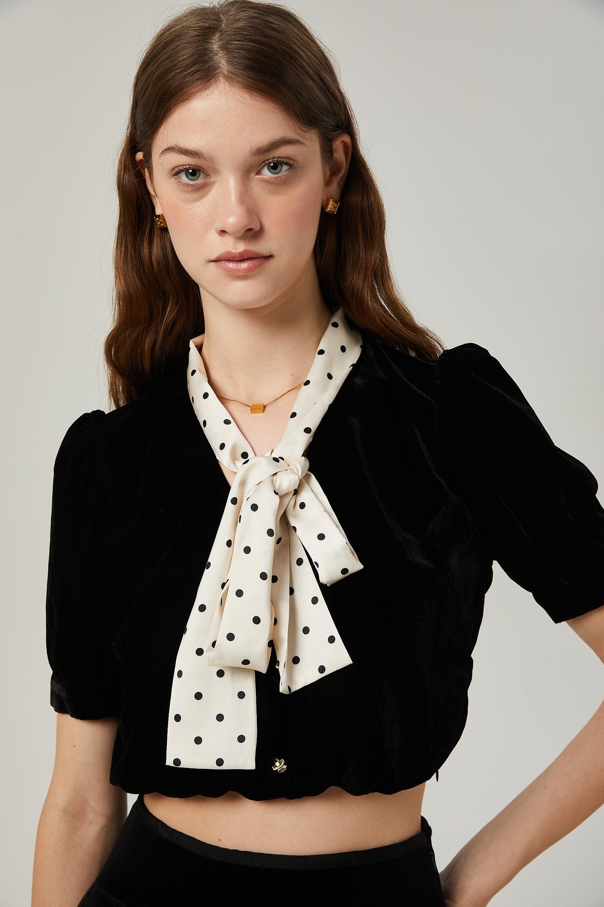 Polka Dot Bow Puff-Sleeve Velvet Top