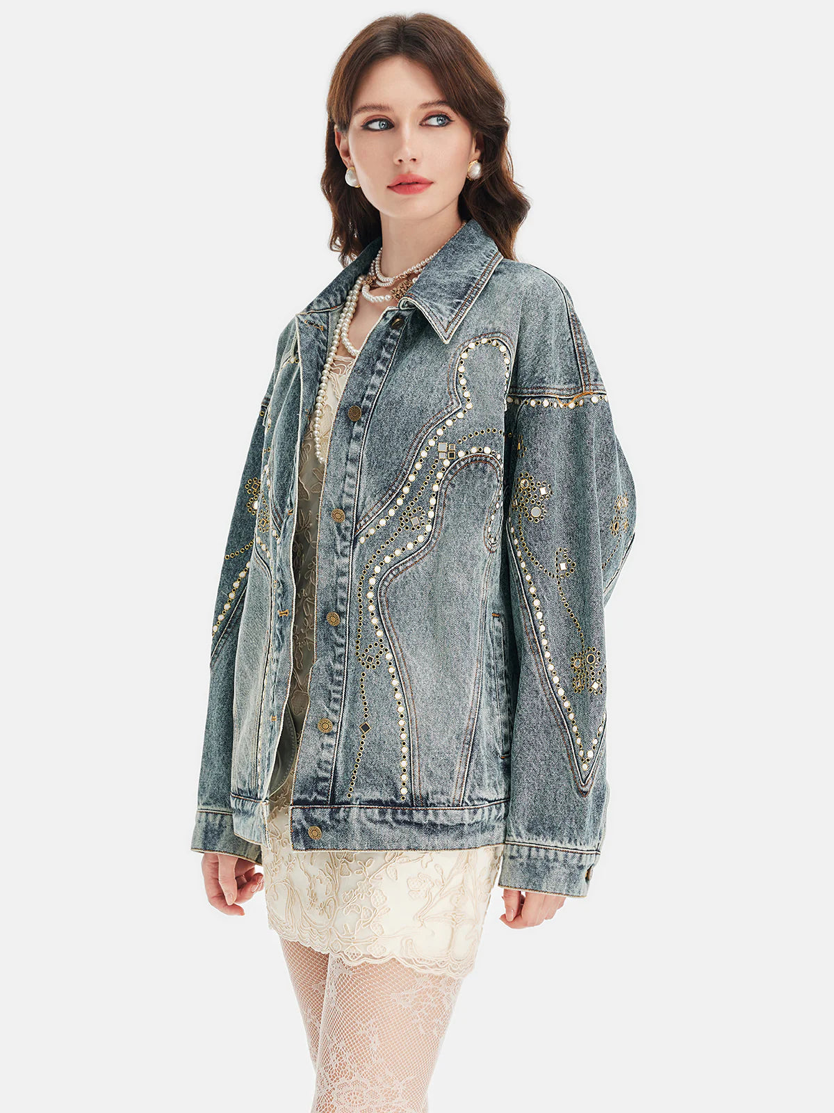 Retro Embellishmed Studded Denim Jacket