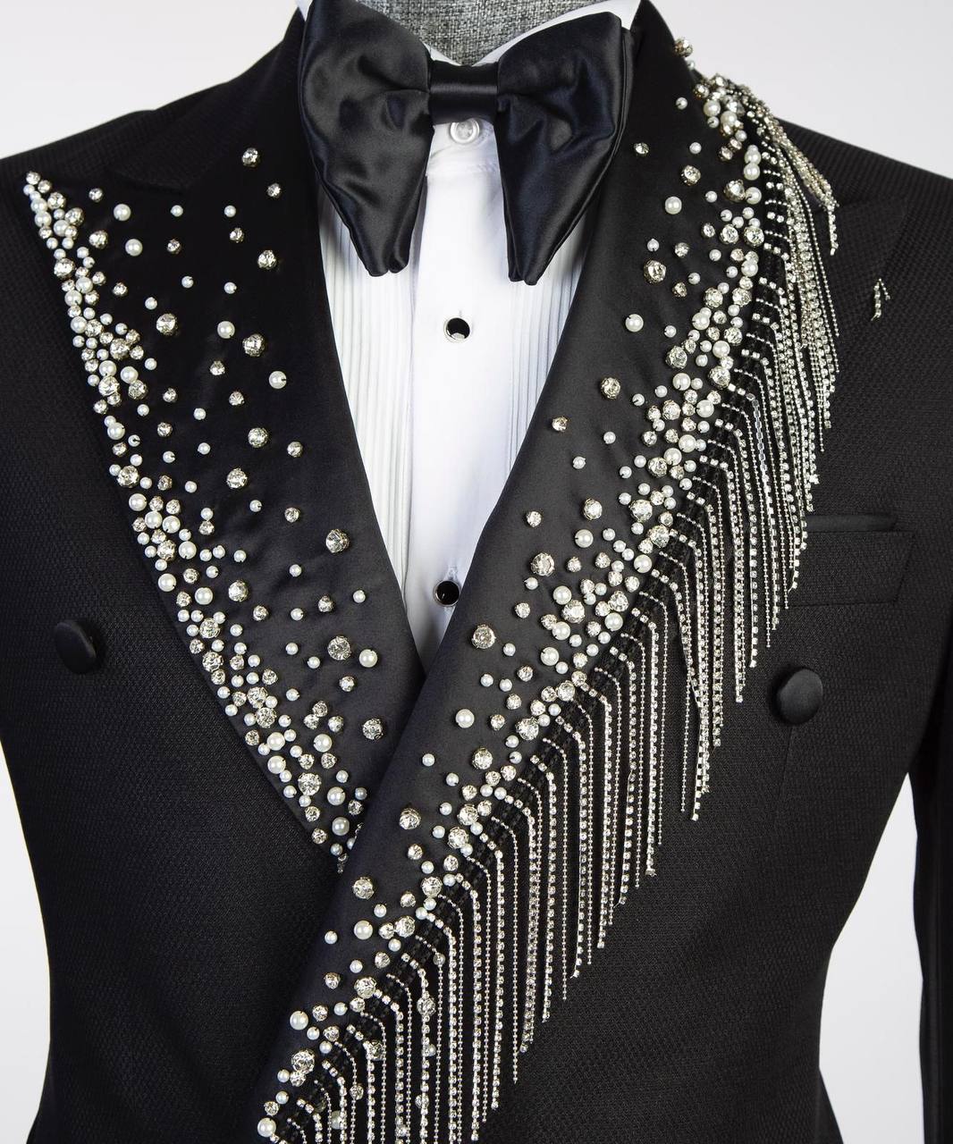 Crystal Tassel Shawl And Pearls Tuxedo Blazer