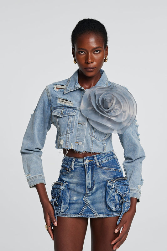 3D Flower Cropped Denim Jacket