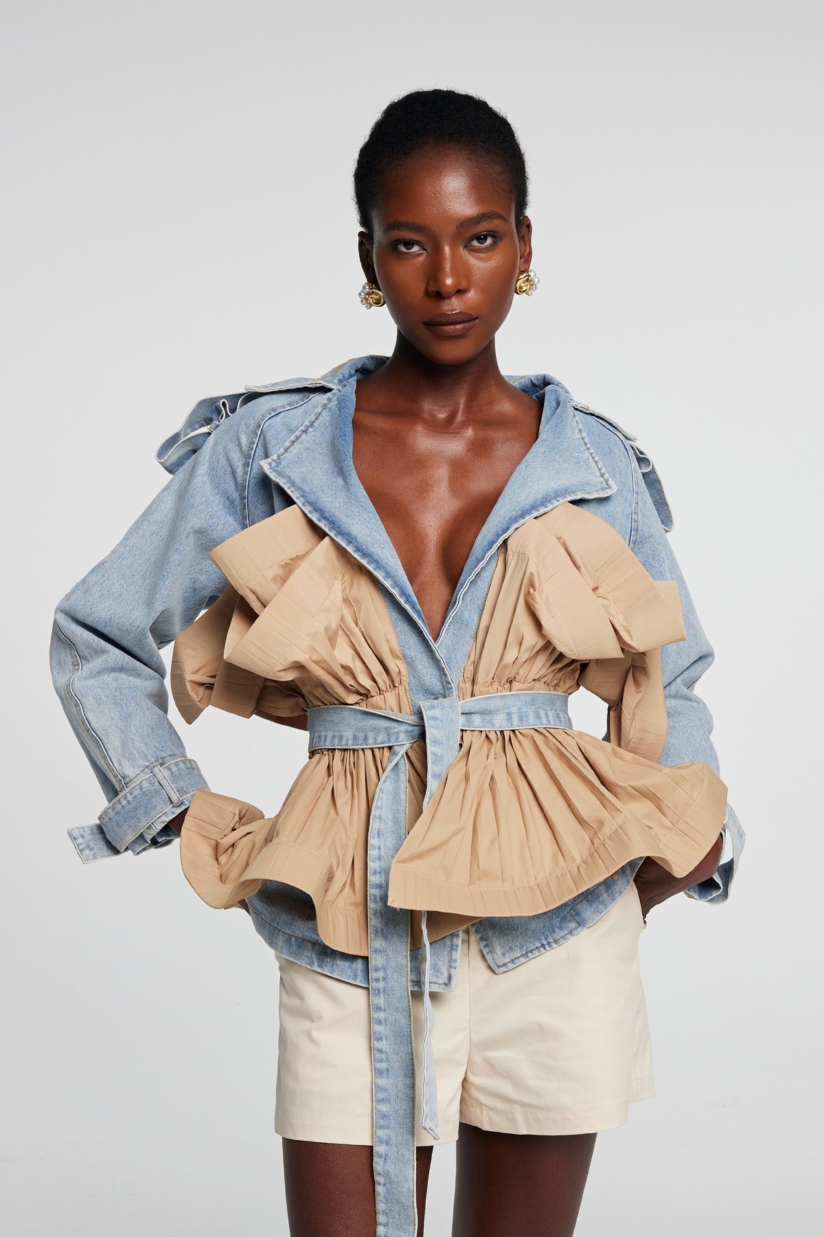 Ruffle Colorblock Denim Jacket