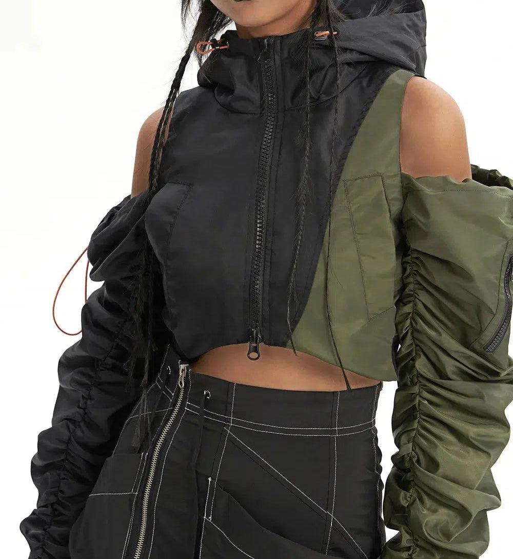 Off-Shoulder Color Block Crop Windbreaker Jacket