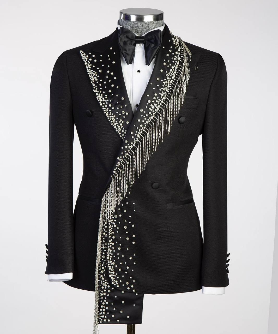 Crystal Tassel Shawl And Pearls Tuxedo Blazer