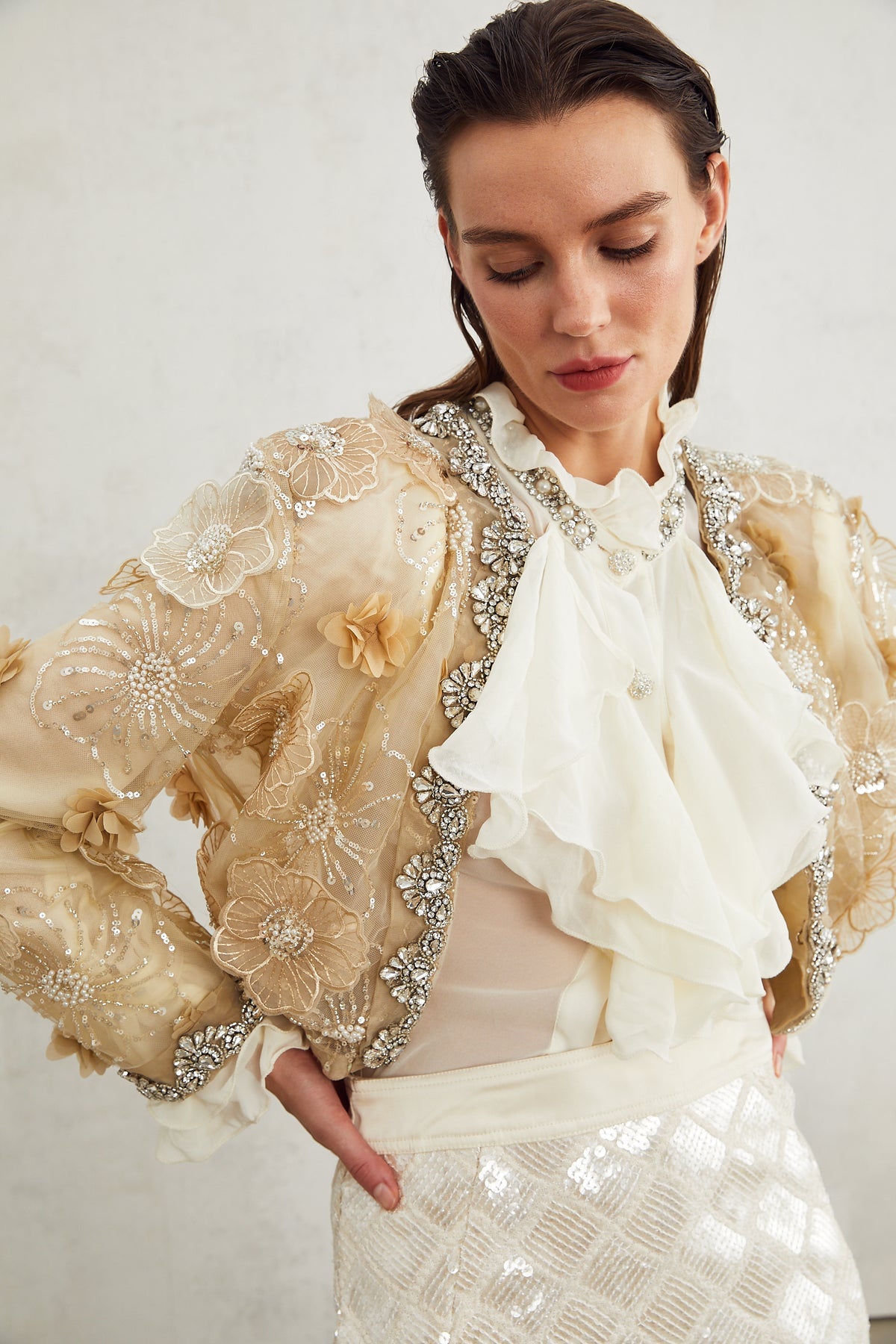 Luxury Embroidered Flowers Pearls Sequin Cardigan Jacket