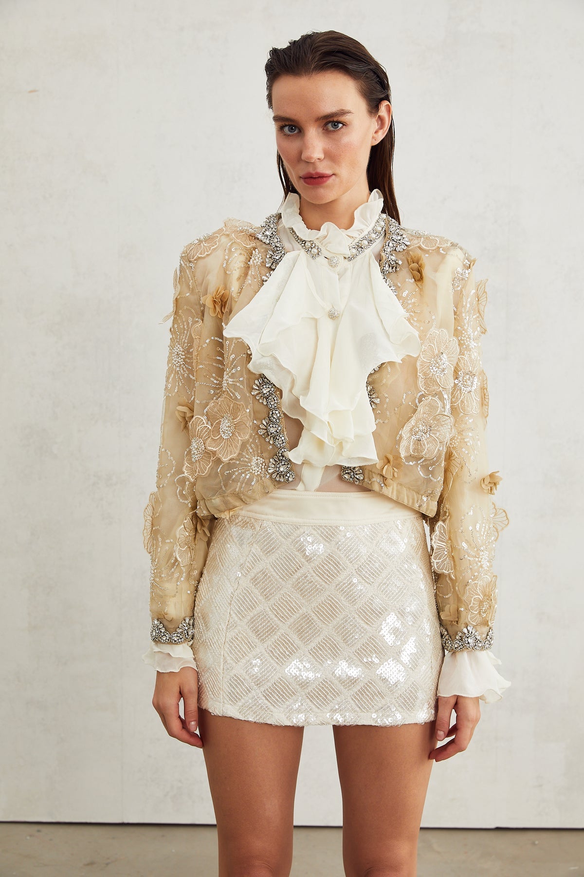 Luxury Embroidered Flowers Pearls Sequin Cardigan Jacket