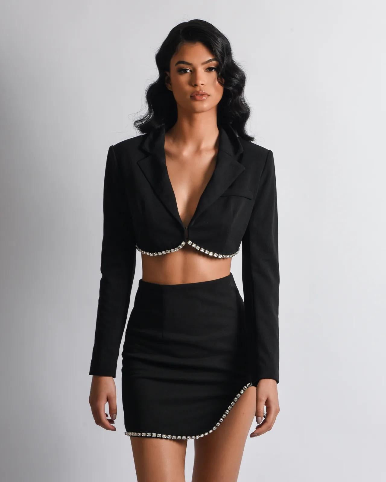 BAE Rhinestone Crop Blazer With Skirt